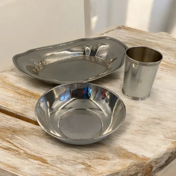 Vintage Sterling Silver Lot: Bread Tray, Bowl, Mint Julep Cup, 487 Grams, Marked - Picture 13 of 16